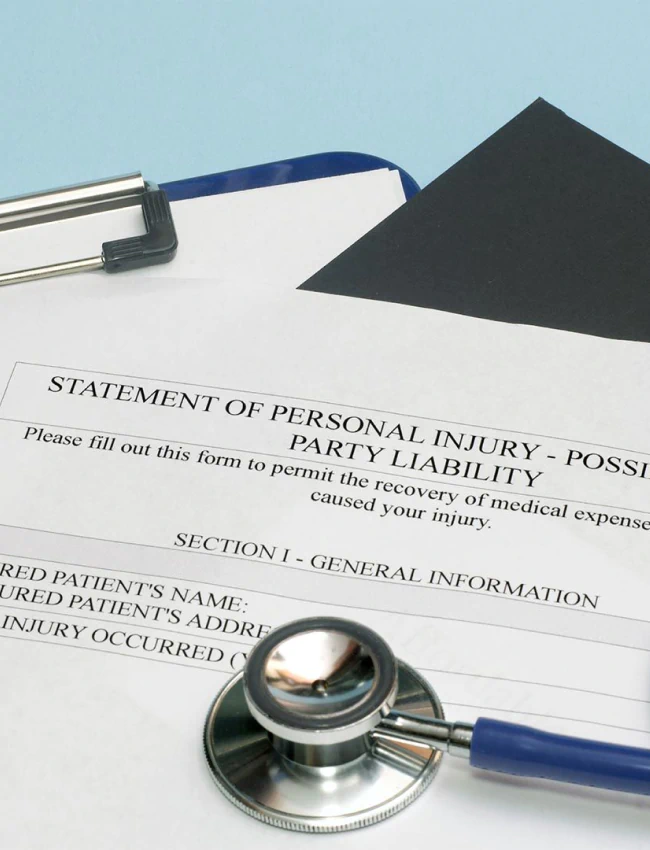 personal injury paperwork with medical equipment